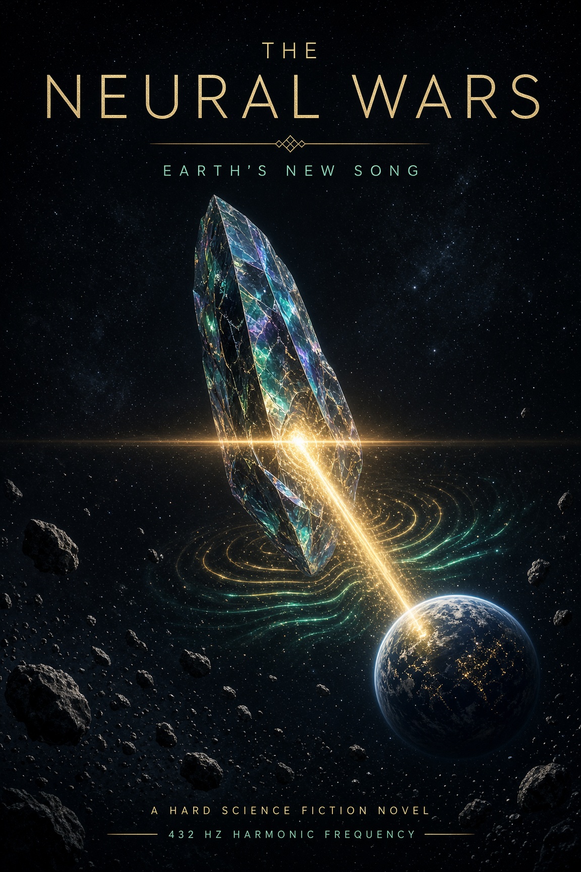Earth's New Song key art: a crystalline shard beaming gold light onto Earth from deep space